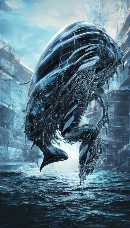 Image similar to a biomechanical orca spirit emerging from the sea, made up of bits of plastic and skin and metal, shiny, wet, made of nanomaterials, metallic, cyberpunk, post apocalyptic, hyper realistic, epic angle, beautiful composition, octane render, unreal engine render, 8k, super detailed, SLICK!!