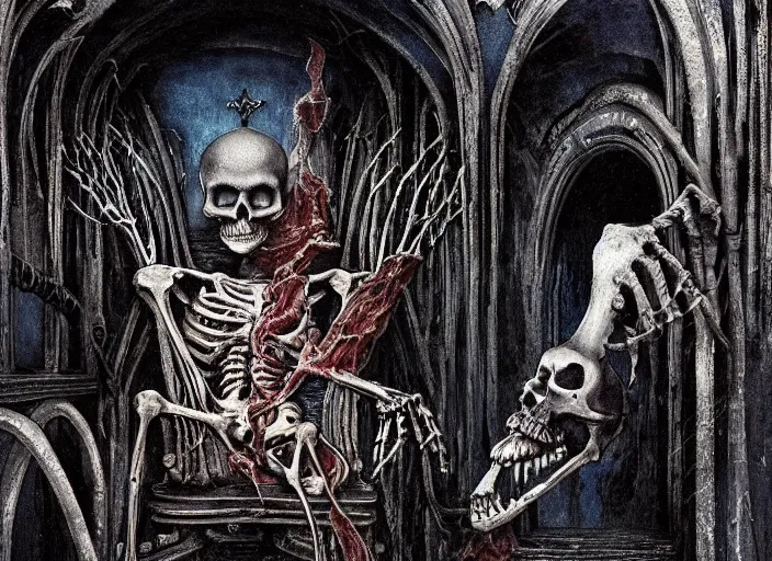 Prompt: a skeleton with a sinister crown slumped on a throne in a decrepit subway car, blue tinted colours, fluid, smooth, dark colours, high contrast, sharpness, beautiful, peaceful, very detailed, intricate, volumetric lighting, by giger and corben and moebius and beksinski and bosch and bacon