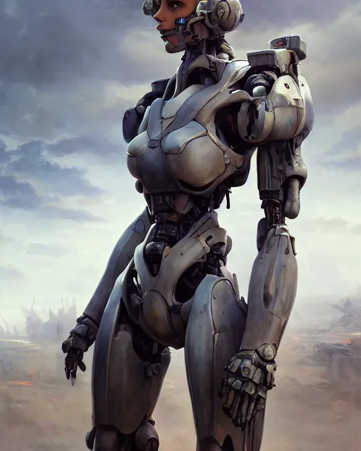 Image similar to daniel gerhartz and artgerm full portrait digital rococo painting of a beautiful serious woman wearing a mecha suit, war torn battlefield in the background, unreal engine, hyper realism, realistic shading, cinematic composition, blender render, octane render, hdr, detailed textures, photorealistic, wide shot, 3 5 mm film