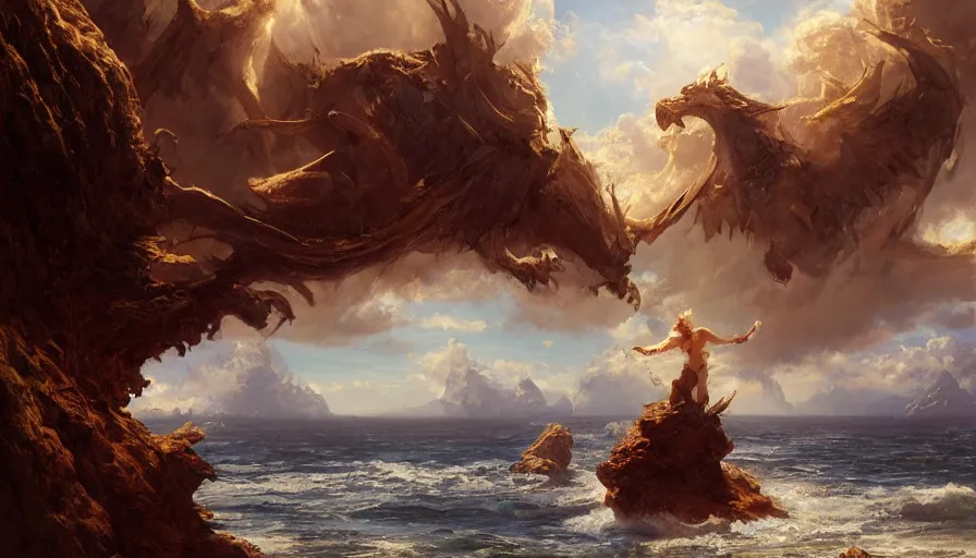 Image similar to excellent painted daemon in a wide epic beautiful landscape somewhere in the ocean with fluffy clouds, painted by Hans Fredrik Gude, Greg Rutkowksi, Craig Mullins and Artgerm, masterpiece, 4k, ultra realistic highly detailed oil painting