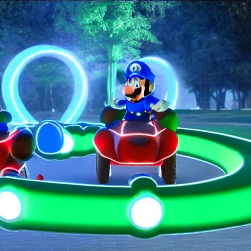 Prompt: mario and luigi riding lightcycles in tron