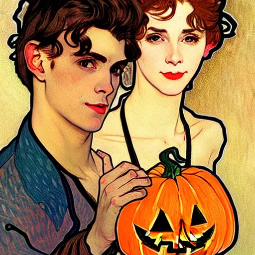Image similar to painting of handsome young delicate beautiful jeffrey in his 2 0 s with brown hair and gorgeous rina together at the jack o'lantern halloween party, elegant, clear, painting, stylized, art, art by alphonse mucha, vincent van gogh, egon schiele,