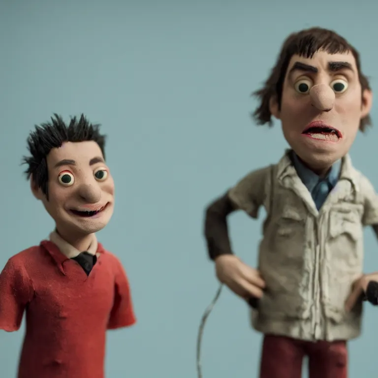 Image similar to a cinematic film still of a claymation stop motion film starring johnny knoxville and steve - o, portrait, shallow depth of field, 8 0 mm, f 1. 8