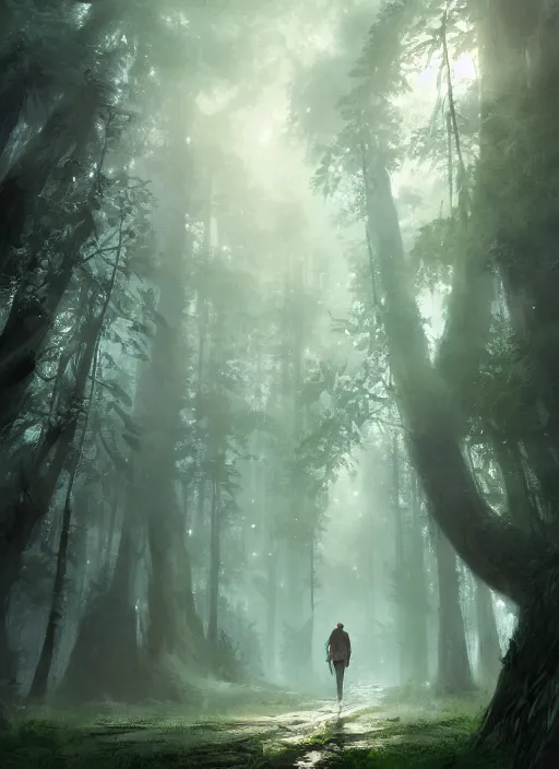 Image similar to a man walking through a forest with a horse, a detailed matte painting by jordan grimmer, cgsociety, fantasy art, matte painting, 2 d game art, volumetric lighting