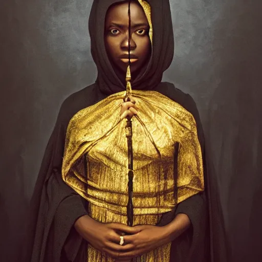 Image similar to a portrait of a young black woman wearing a long dark cloak, hood and shadows covering face, holding golden chains, oil painting, matte painting, black background, Volumetric Golden dappled dynamic lighting, Highly Detailed, Cinematic Lighting, Unreal Engine, 8k, HD, by Beksinski