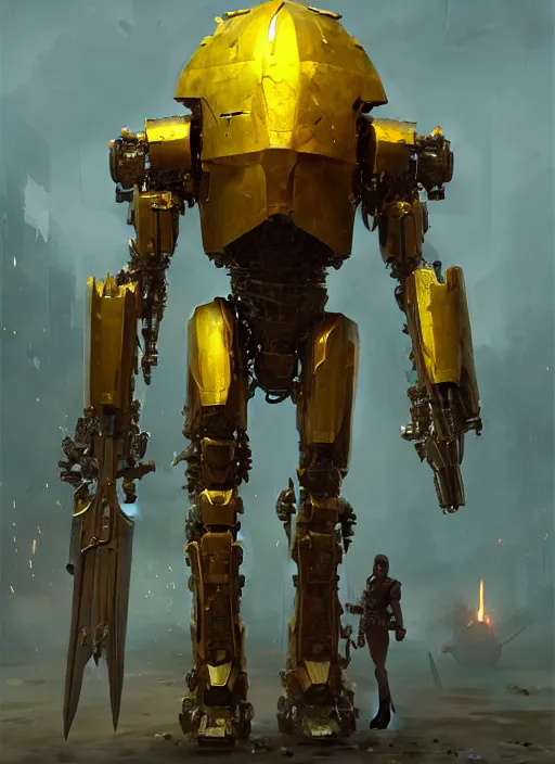 Image similar to human-sized strong intricate yellow pit droid carrying very detailed great sword and beautiful large paladin shield, pancake short large head, exposed metal bones, painterly humanoid mecha, by Greg Rutkowski