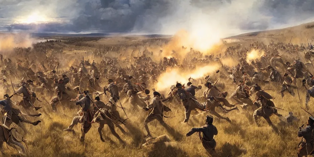 Prompt: wide - angle action shot from the battle of little bighorn ( 1 8 7 6 ), majestic action, cinematic lighting, dramatic lighting, hyperdetailed, artstation, cgsociety, 8 k, imax 7 0 mm