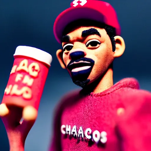 Image similar to a cinematic film still of a claymation stop motion film starring chance the rapper as a college student, shallow depth of field, 8 0 mm, f 1. 8