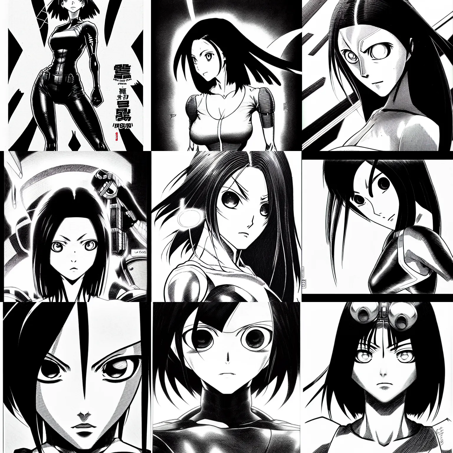 Image similar to alita by yukito kishiro. medium shot. black and white manga. pencil drawing.