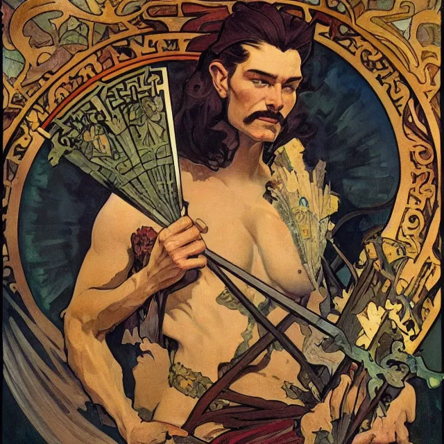 Prompt: an aesthetic! a detailed portrait of a man with a crown, holding a scepter by frank frazetta and alphonse mucha, oil on canvas, art nouveau dungeons and dragons fantasy art, hd, god - rays, ray - tracing, crisp contour - lines, huhd