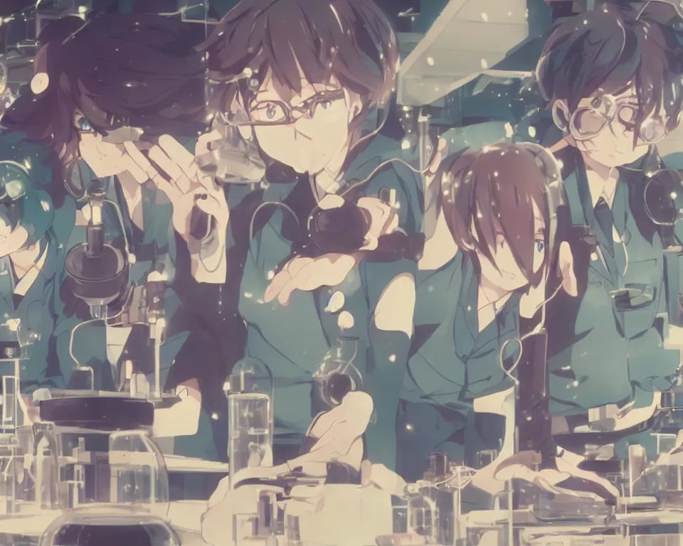 Prompt: anime still of reckless!!! whimsical! trippy scientists in a lab inventing, presentation, scattered tables overloaded with doomsday devices and beakers and test tubes, by makoto shinkai yoshinari yoh ilya kuvshinov