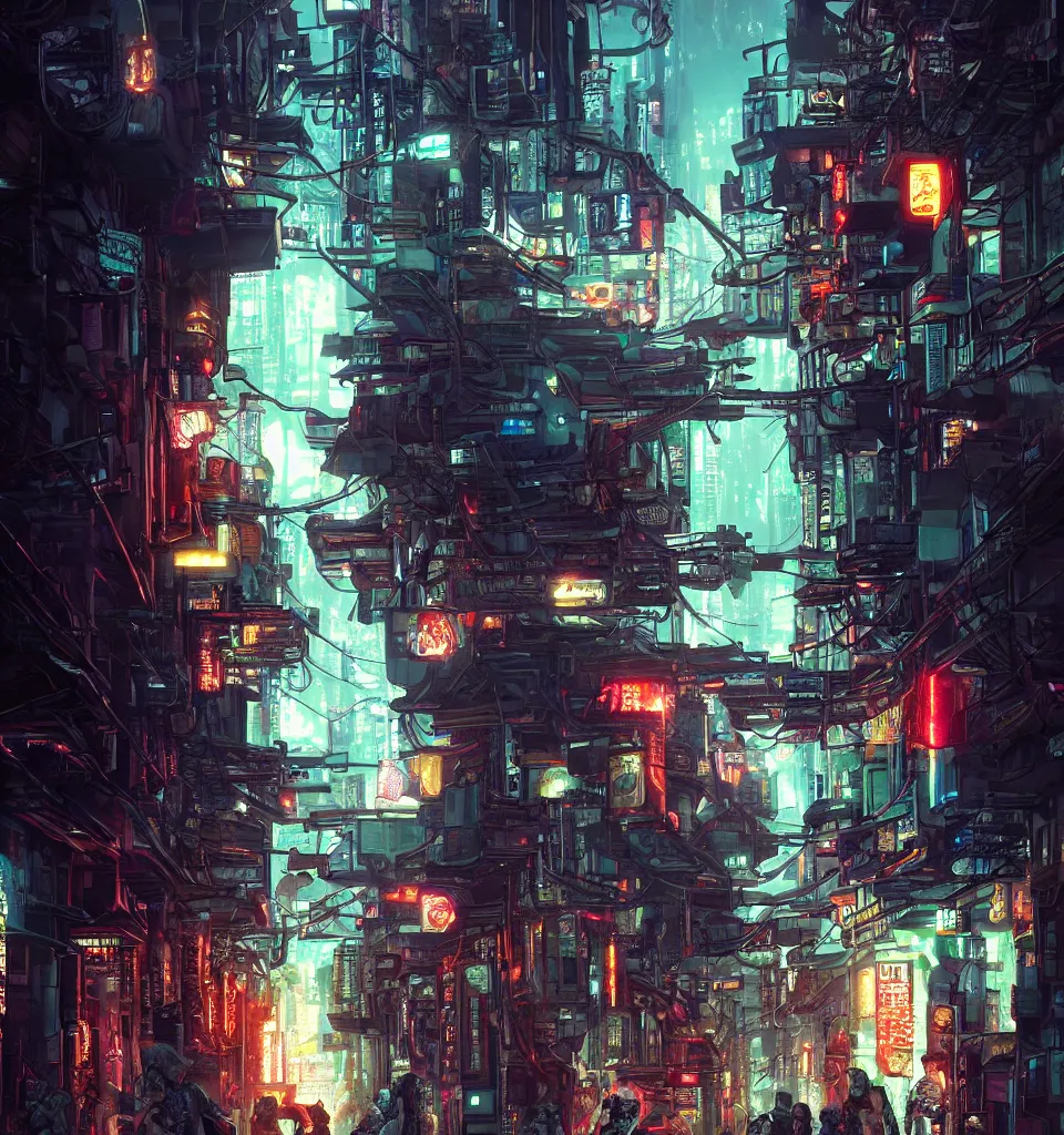 Image similar to back alley road in a cyberpunk metropolis, cinematic, highly detailed, octane render, rich cinematic atmosphere, perfect digital art, mystical journey in strange world, cyberpunk, sci - fi, surreal, glowing lights, sharp focus, high detailed, by akihiko yoshida, michael whelan and karol bak