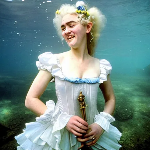 Prompt: A 18th century, messy, white haired, (((happy))) elf princess (look like ((young Kate Winslet))), dressed in a frilly ((cotton)), wedding dress, is ((holding a key)). Everything is underwater! and floating. Greenish blue tones, theatrical, (((underwater lights))), high contrasts, fantasy water color, inspired by John Everett Millais's Ophelia