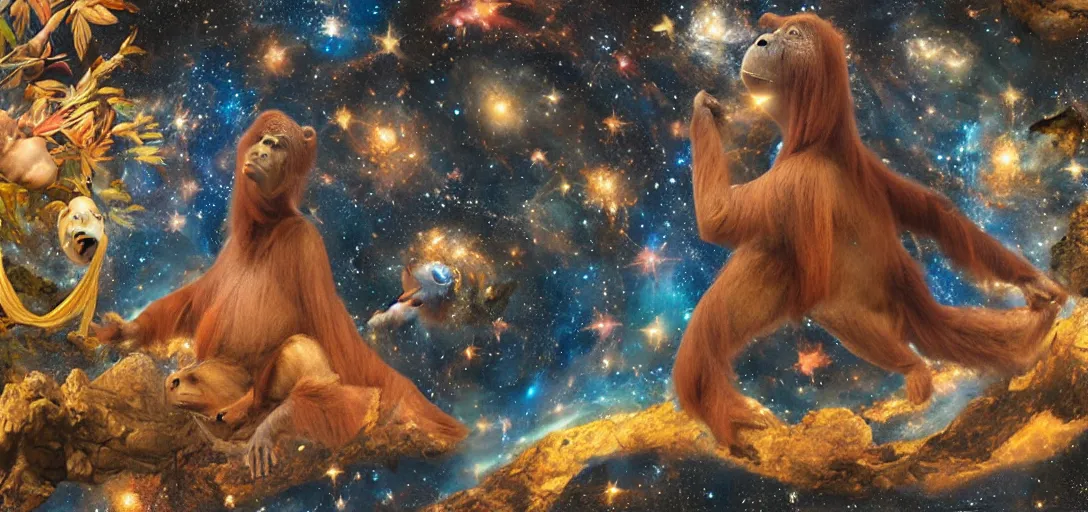 Image similar to Large diorama, celestial Beata Ludovica Albertoni, galaxy background, with an orangutan floating by in a heroic pose