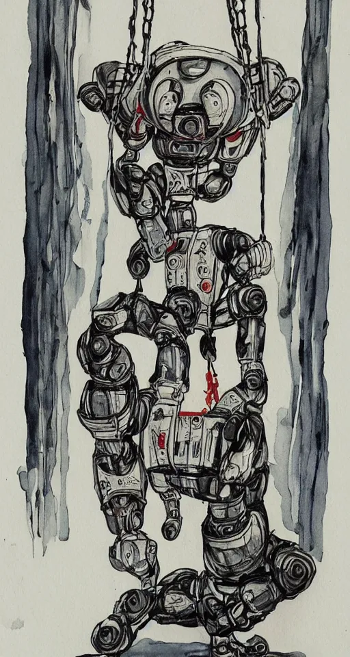 Image similar to a robot hanging by his feet upside down peacefully, beautiful ink painting inspired by the hanged man tarot card,