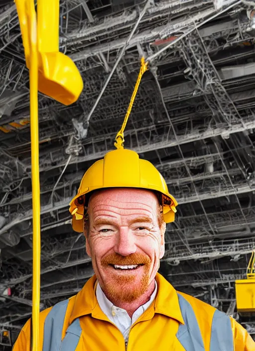 Image similar to closeup portrait of cheerful bryan cranston operating a crane, sitting in a crane, yellow hardhat, sitting in a crane, natural light, bloom, detailed face, magazine, press, photo, steve mccurry, david lazar, canon, nikon, focus