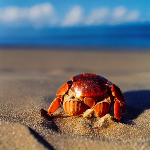 Image similar to An extreme close up of a large hermit crab in the sand, high DOF, National Geographic, F 1.8, Kodak Portra