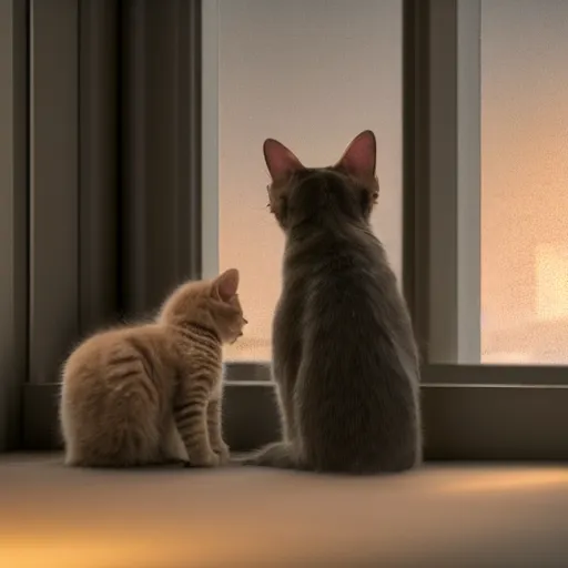 Prompt: Big european shorthair cat and small fluffy kitten from the back in the apartment room looking to window in a cyberpunk city, soft god rays from city lights outside the window, unreal engine 5, soft neon atmosphere, photorealistic, soothing colors, somber melancholic matte painting, hyperrealism, hyperrealistic, cinematic masterpiece, cyberpunk style 8k ultrahd octane render