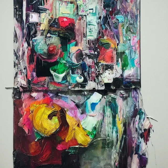 Prompt: “ a portrait in a queer female art student ’ s apartment, sensual, a diamond, skyscraper, vegetables, art supplies, paint tubes, palette knife, pigs, ikebana, herbs, a candle dripping white wax, squashed berries, drips, acrylic and spray paint and oilstick on canvas, surrealism, neoexpressionism ”