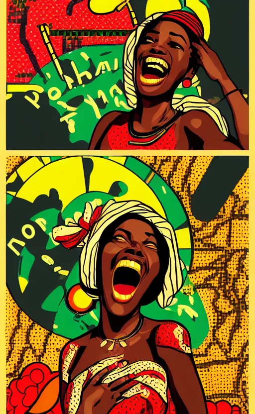 Image similar to mama africa laugh at her child!!! pop art, pixel, bioshock, gta chinatown, artgerm, richard hamilton, mimmo rottela, julian opie, aya takano, intricate