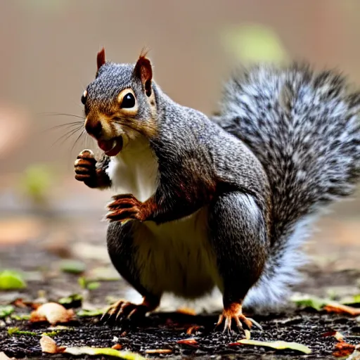 Image similar to close up of squirrel punching a blackbird, cinematographic shot,