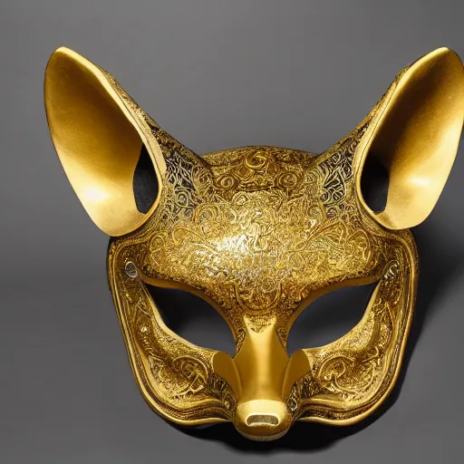 Prompt: an ornate fox mask, detailed with white and gold filagree and goldleaf decorative elements, sitting on a desk, painstaking detail, black lacquer, glossy shiny reflective, splashed with graffiti art