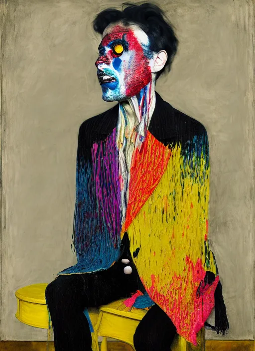 Image similar to portrait of a nervous harlequin sitting on a stool, by vincent lefevre and hernan bas and pat steir and hilma af klint, psychological, photorealistic, symmetrical face, dripping paint, washy brush, threads, rendered in octane, altermodern, masterpiece