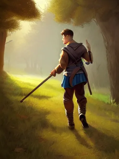 Prompt: a youthful handsome man holding a stick, walking in a rural area. intricate, elegant, highly detailed, digital painting, artstation, concept art, sharp focus, illustration, by justin gerard and artgerm, 8 k