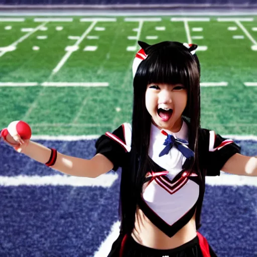 Image similar to manga anime cheerleader on a football field cheering on a team