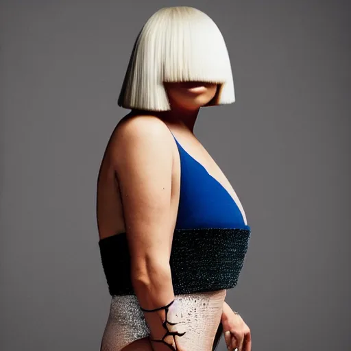 Image similar to Sia Furler wearing a leatoard full body photoshoot