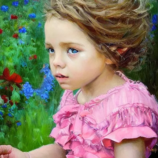 Prompt: a little girl with short curly light brown hair and blue eyes sitting in a lovely garden. beautiful painting by raymond swanland and magali villanueve, beautiful detailed face.