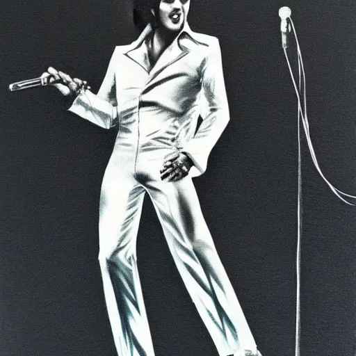 Prompt: 1 9 7 5 elvis presley performing in a jumpsuit, art by alessandro pautasso, highly detailed, beautiful