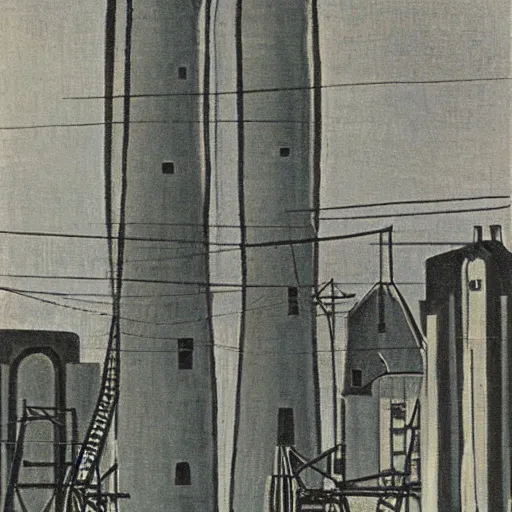 Prompt: grain elevators, 1 9 3 0 s, by charles e. burchfield