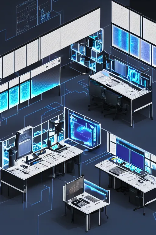 Image similar to dark isometric tech lab with shiny holographic control panels