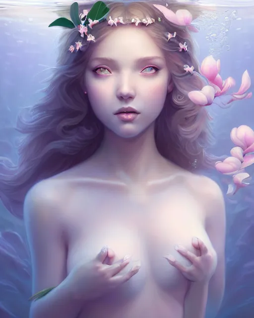 Image similar to character art of a goddess of magnolias as underwater angelic young female | | seductive - fine - face, pretty face, key visual, realistic shaded perfect face, fine details by stanley artgerm lau, wlop, nekro, james jean, andrei riabovitchev, marc simonetti, and sakimichan, trending on artstation