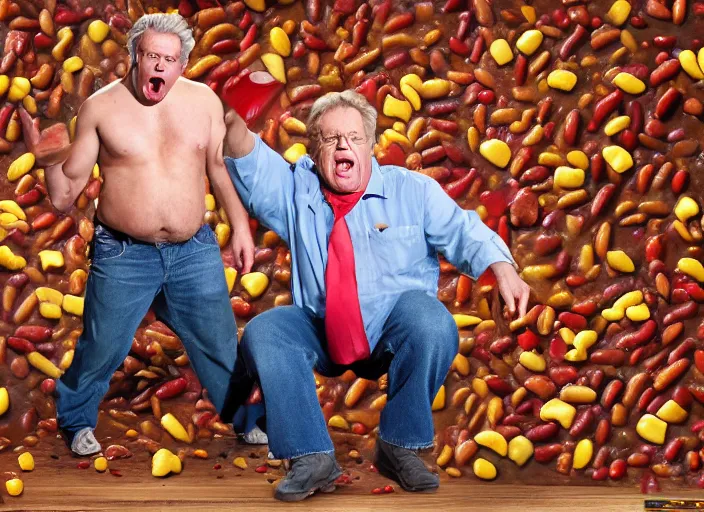 Image similar to jerry springer tv show a man yelling at a pile of nasty chili spilled on the floor, chunky sloppy fat men no shirts slipping in chili on the floor, wet, studio, extremely detailed, portraits, 4 k, hd