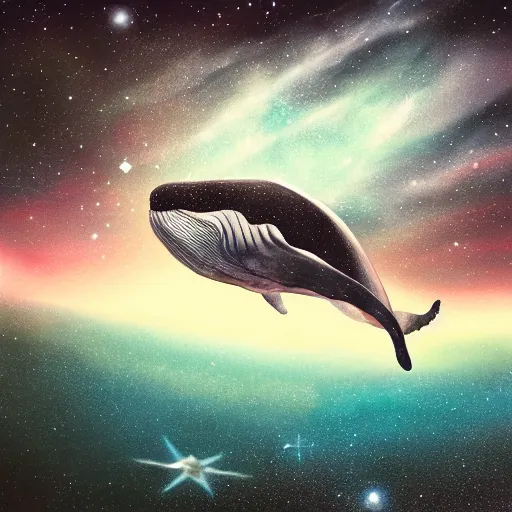 Image similar to portrait of whale swimming on a dark night sky in space, flying across the universe, galaxies, oniric, dreamy, beautiful, highly detailed, realistic, cinematic, dynamic composition