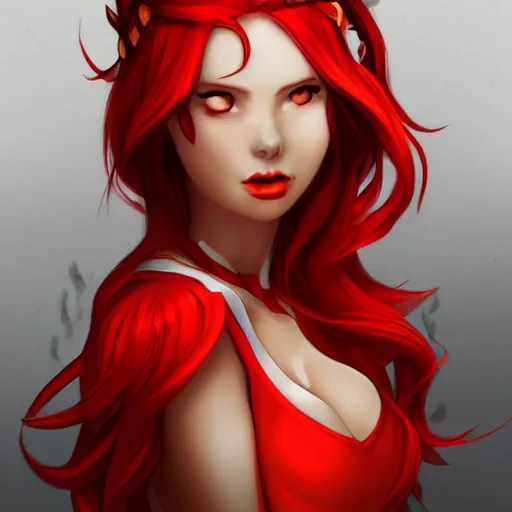 Prompt: a goddess with red hair and red dress with a fire aura headshot, trending on artstation