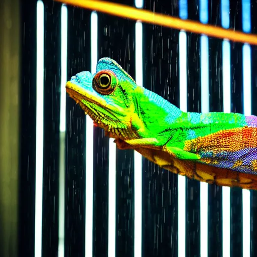 Image similar to Chameleon, rain, neon lights reflecting off the street, low wide shot, 8k, colorful, award winning photo