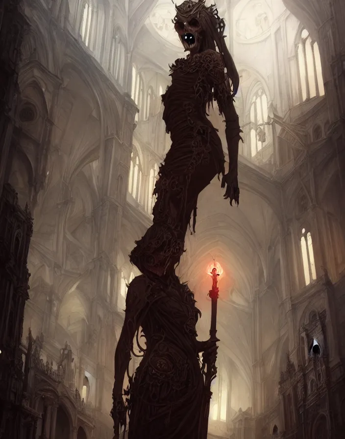 Prompt: A beautiful digital painting of a Grim Reapper, ancient catedral behind her, intricate, cinematic lighting, highly detailed, digital painting, Artstation, concept art, smooth, sharp focus, illustration, art by Tom Bagshaw, Artgerm and Greg Rutkowski