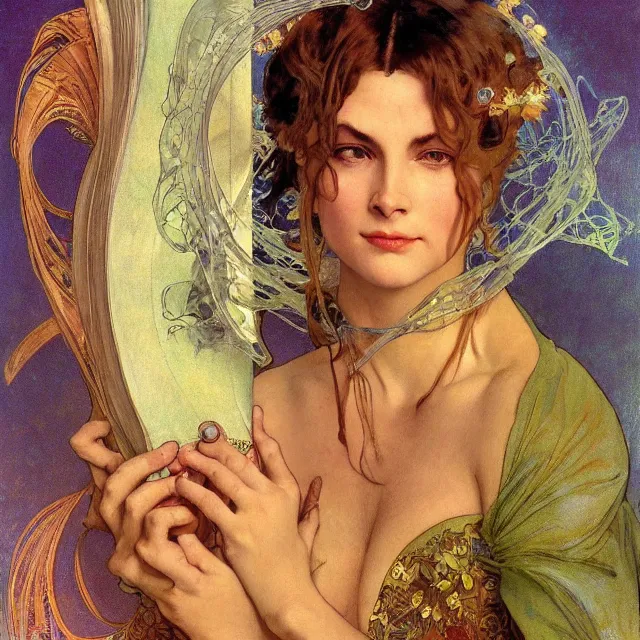 Image similar to an aesthetic! detailed close - up portrait of an aesthetic woman, covered by transparent veil, holding an leather bound book, by frank frazetta and alphonse mucha, oil on canvas, bright colors, art nouveau, epic composition, dungeons & dragons fantasy art, hd, god - rays, ray - tracing, crisp contour - lines, huhd - 8 k