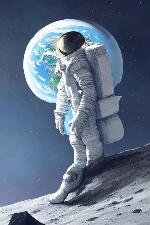 Image similar to sitting on the moon with a view of the earth in the background, elegant, digital painting, highly detailed, artstation, concept art, smooth, sharp focus, illustration, art by artgerm and greg rutkowski.