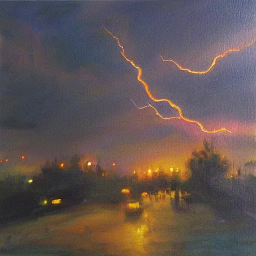 Prompt: “a town lightning storm oil panting”