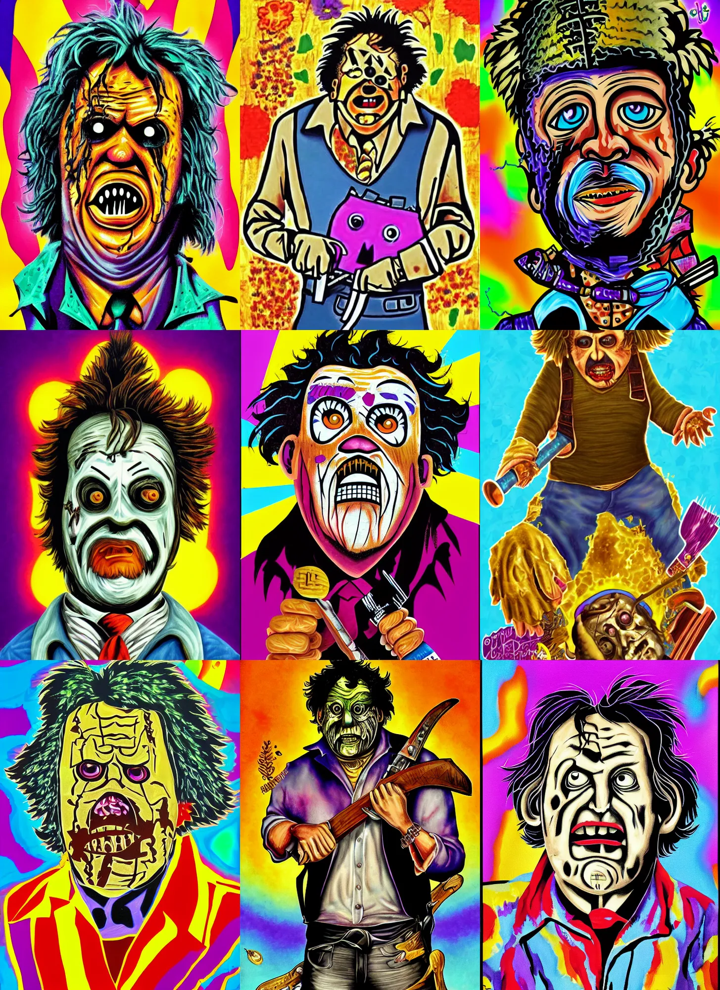 Prompt: character portrait of Leatherface from The Texas Chainsaw Massacre by Lisa Frank