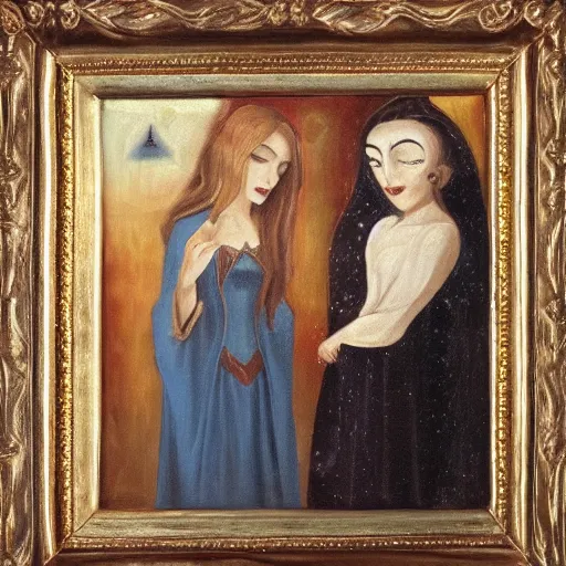 Image similar to conniving mage bewitches breathtaking demure maiden, oil on canvas