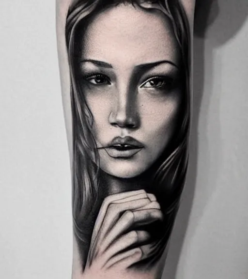 Image similar to a beautiful girl portrait faded in beautiful mountains, realism tattoo, in the style of den yakovlev, black and white, hyper realistic, highly detailed