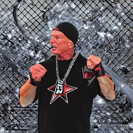 Prompt: WWE, Vince McMahon wearing a du-rag and the ECW Championship belt while eating a snow cone in front of a chainlink fence, photorealistic, dark, gritty, nu-metal, hardcore wrestling, highly detailed, hyperrealistic, barbed wire, rendered in Octane, rendered in Unreal engine, 4k, award-winning, ultra hd, intricate, digital painting