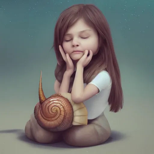 Image similar to a little girl hugging a giant snail, photo, realistic, artstation , beautiful, octane render