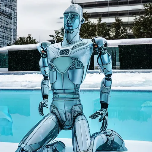 Image similar to made of ice, a realistic detailed photo of a guy who is an attractive humanoid who is half robot and half humanoid, who is a male android, on display, blank stare, showing off his muscles, shiny skin, posing like a statue, by the pool, frozen ice statue, f 1 driver max verstappen, humanoid robot