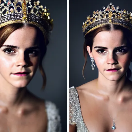 Prompt: emma watson as queen, big crown adorned with emerald, diamonds, topaz and other jewellaries, sensual, beautiful soft light failling on her face, studio photography, nikon 3 5 mm portrait photography, ultra realistic